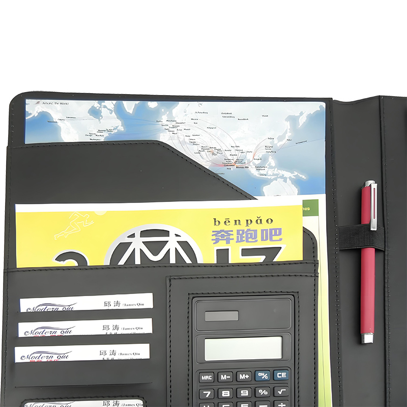 Modernqiu Custom Logo A4 Leather Briefcase File Folder with Calculator Business Portfolio for Office Use