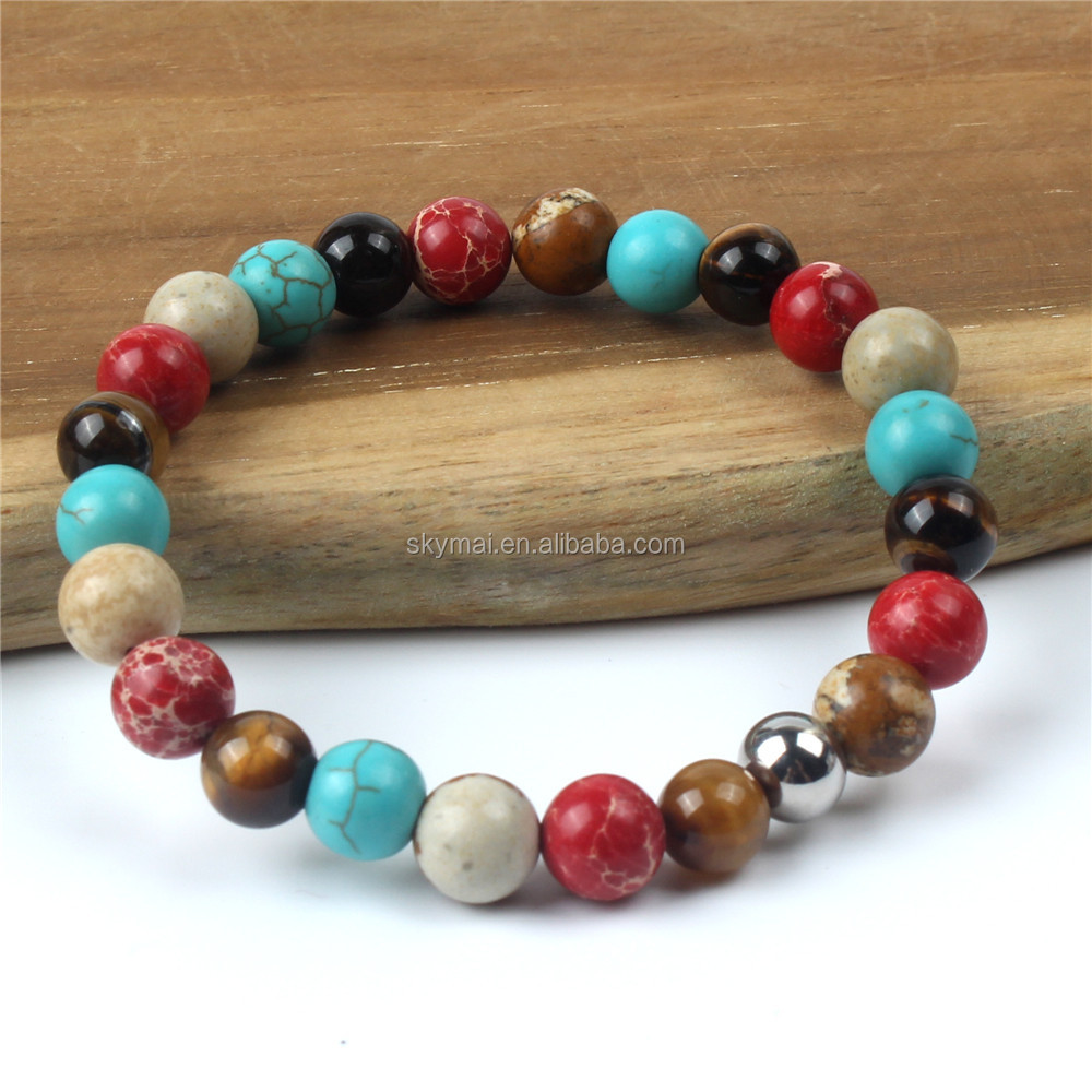 8MM National restoring ancient multielement natural stone beads with steel bead strech Yoga bracelet