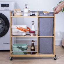Bamboo Rolling Laundry Storage Cart with Basket
