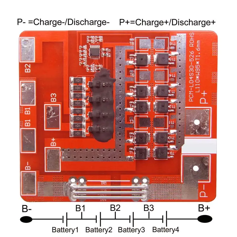 4s 30A PCM BMS for 14.4V 14.8V Li-ion/Lithium/ Li-Polymer 12V 12.8V LiFePO4 Battery Pack Size L110*W95*T5mm (PCM-L04S30-526)