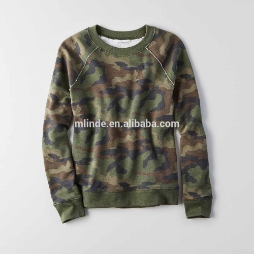 Custom Wholesale Manufacturer Slim Fit Woman Cotton Fleece Raglan No Hood Camo Camouflage Printed Crewneck Sweatshirt