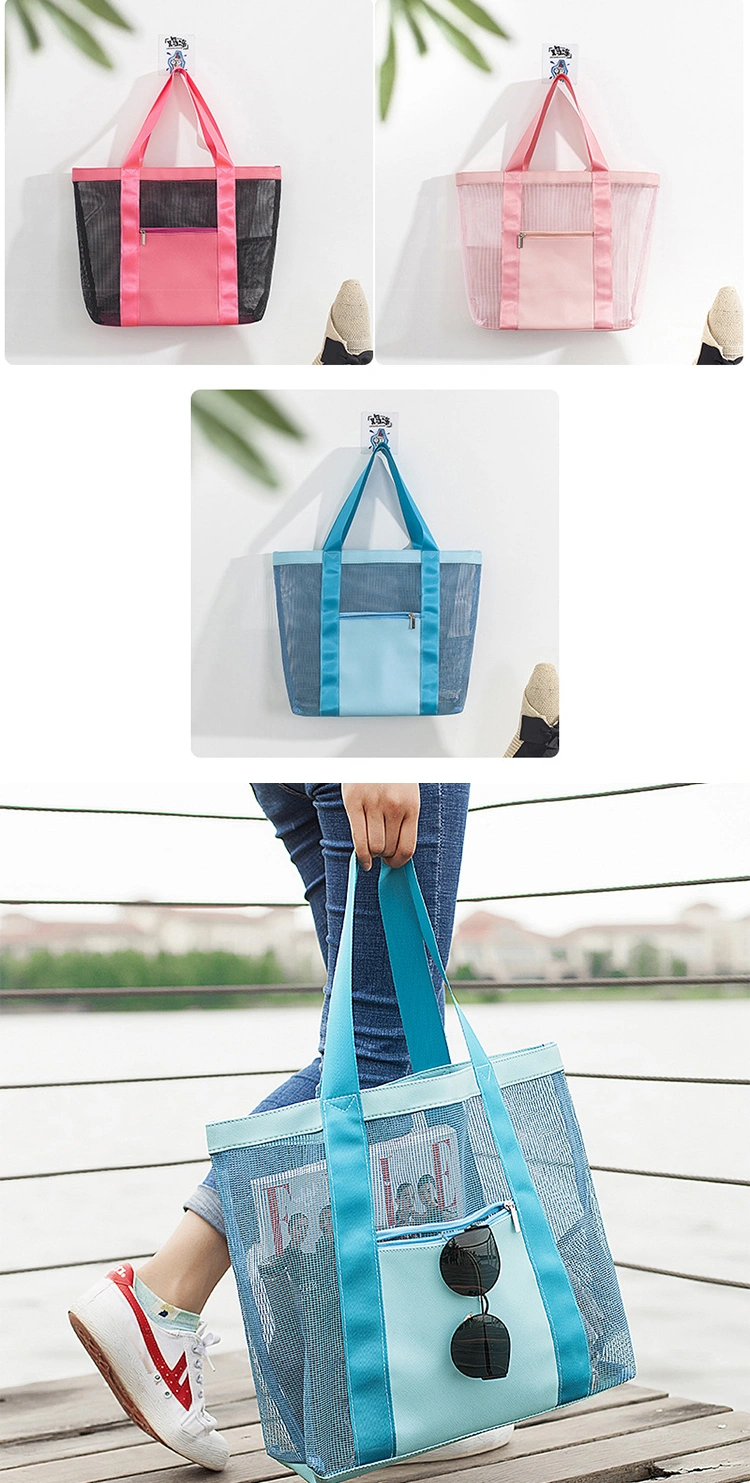 Large Capacity Travel Pool Waterproof PU Foldable Luxury Bag Exterior Zipper Pocket Mesh Shopping Beach Bag with Tote