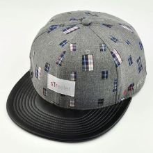 flat leather brim snapback cap/customized fashion snapback hat/leather strap snapback hat