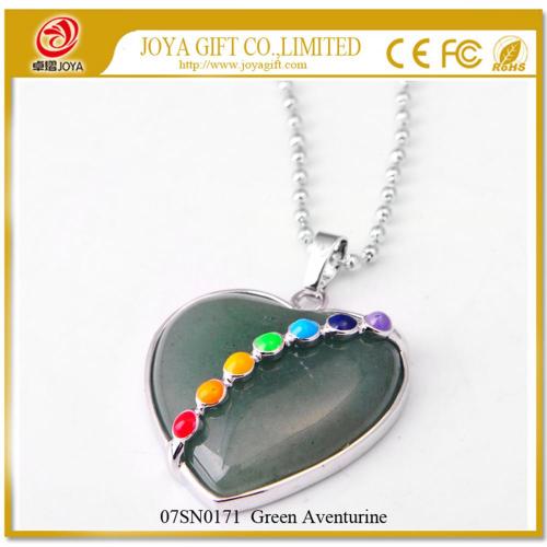 7 & Seven Chakras Gemstone Green Aventurine Heart Pendant Necklace