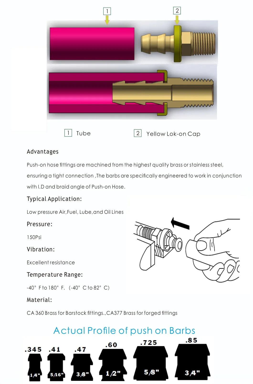 Reusable Braided Hose Brass Push-on Male Elbow Pneumatic Barb Pipe Fittings