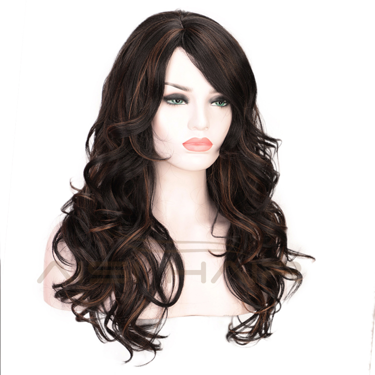 Heat Resistant Black Mixed Black Body Wave Synthetic Long Wavy Fiber Hair Wig For Black White Women Cosplay  Wigs