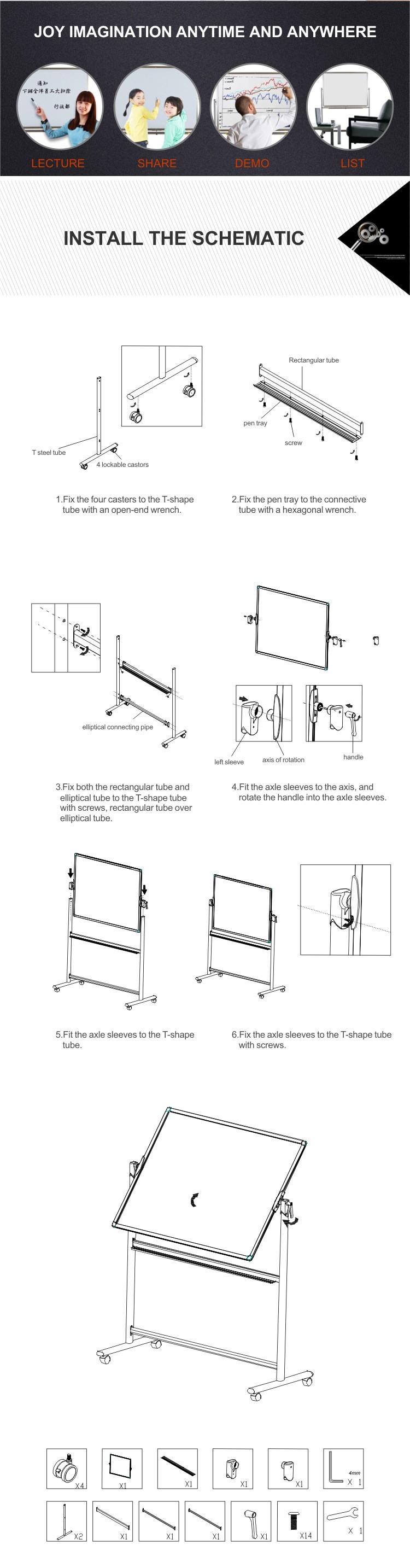 Comix High Quality 360 Degrees Reversible Office Mobile Magnetic Whiteboard with Stand