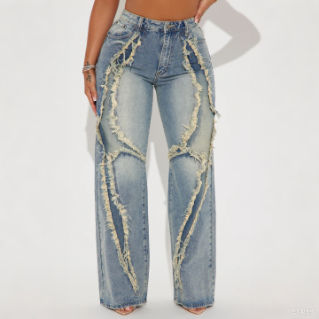 Women Vintage Wash Straight Leg Slim Fit Jeans With Raw Edge