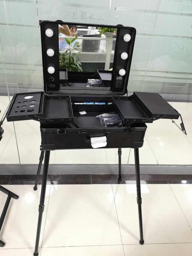 Large Rolling Makeup Case with LED Light Mirror Adjustable Legs Lockable Train Table Studio Artist Cosmetic