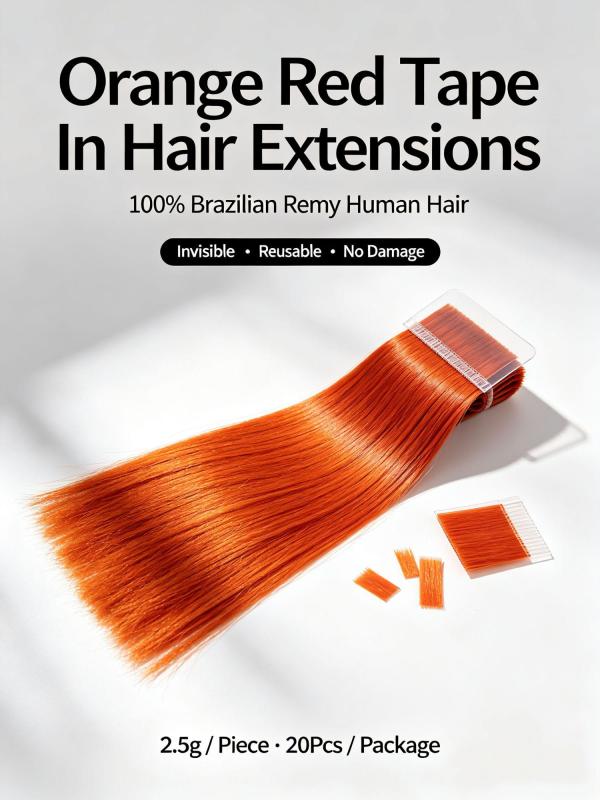 Orange Red Brazilian Remy Human Hair Tape In Extensions For Women