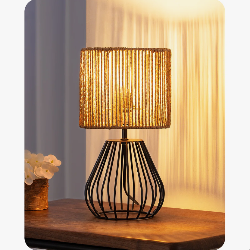 Black Water Drop Iron Cage Base Table Lamp With Paper Rope Lampshade (2) Black Water Drop Iron Cage Base Table Lamp With Paper Rope Lampshade (2)