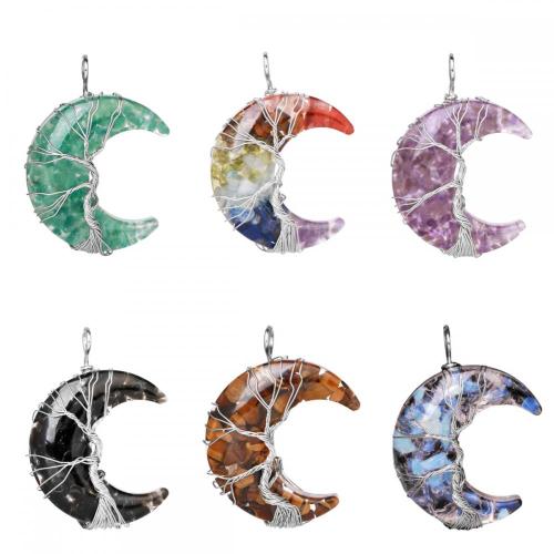 Fashion 7 Chakra Chip Stone Wrapped Gold Wire Resin Moon Pendant for DIY Jewelry Making