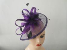 Pretty Sinamay Purple Ladies Fascinator Hats With Coque Feather, Satin Strpe