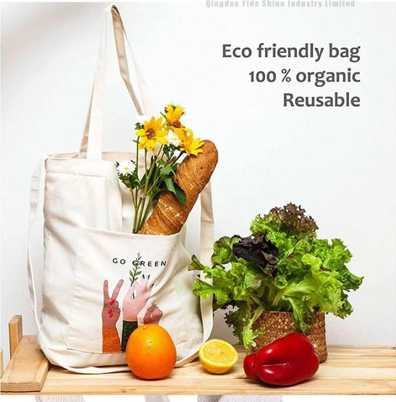 Promising Custom Logo Eco- Friendly Folding Bag Canvas Fabric Organic Cotton Tote Bag Folding Reusable Shopping Bags