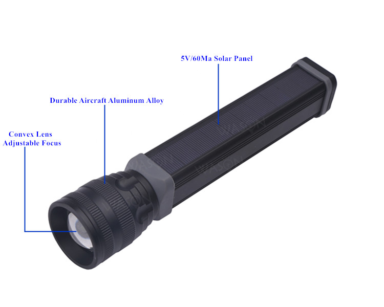 Adjustable Focus Laser Logo Aluminum High 500 Lumens Xm-l T6 Power Rechargable Torch Light Solar Led Flashlight