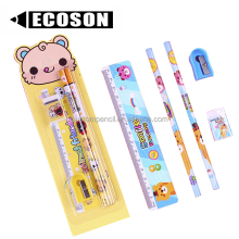 Combined Lovely Cheap Cartoon Pencil Ruler Erasers Sharpener 5-in-1 Stationery Set for Kids