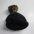 New Design Black Beanie with Leopard Pompom