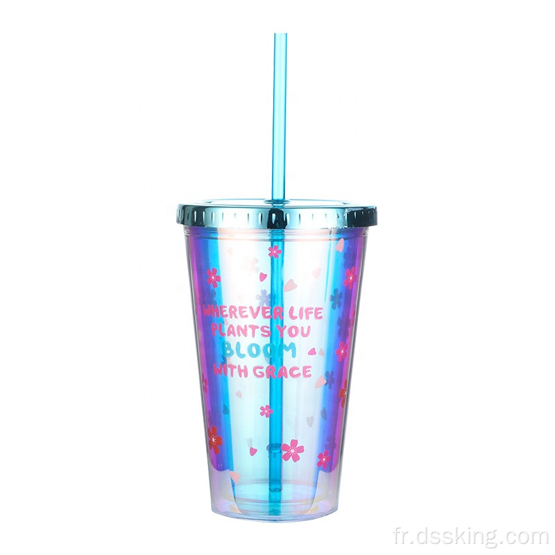 Tasse de couleur en plastique à double plastique imprimé en papier imprimé avec couvercle et paille