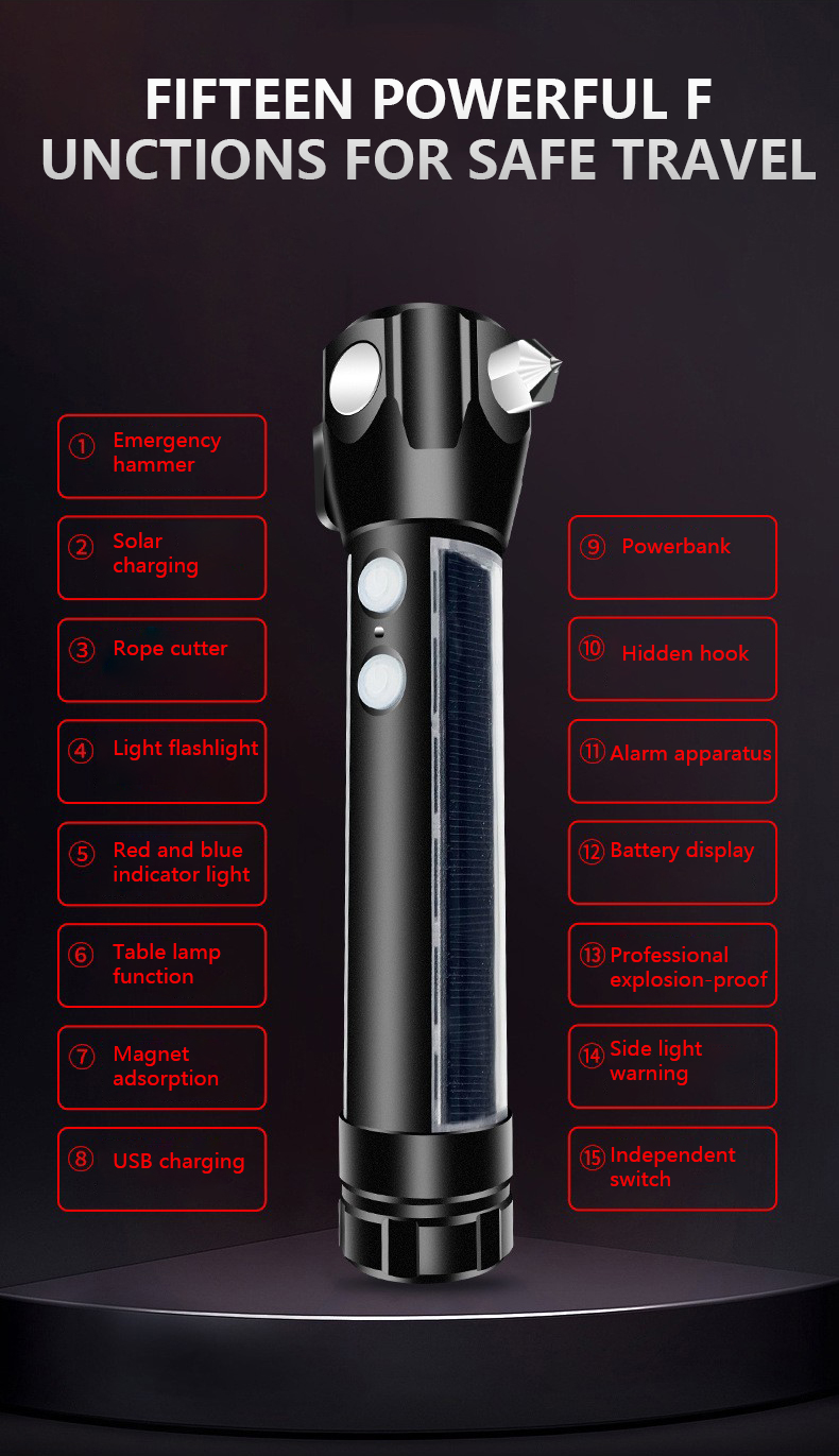 Multifunctional explosion-proof flashlight magnetic suction solar rechargeable emergency survival flashlight