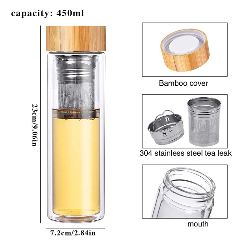 450ml double wall glass tea infuser water bottle bamboo cover glass water bottle