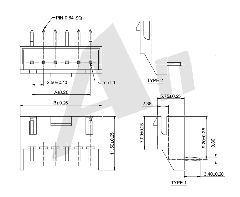 Pitch de 2,50 mm 90 ° Série de conector de wafer AW2512R-XP