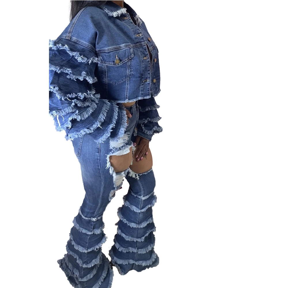 Trending Stylish 2021 Fall Autumn Women Two Piece Jean Set Hollow out Blue Jean Stack Flare Pants