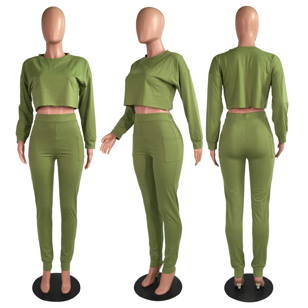 Long Sleeve Crop Top and Pants Two Piece Sets Women Clothing for Spring