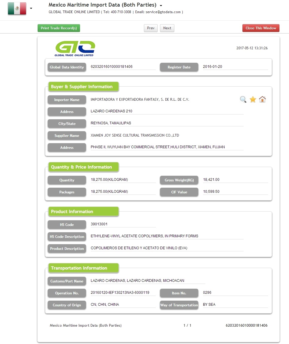 EVA Mexico importer data