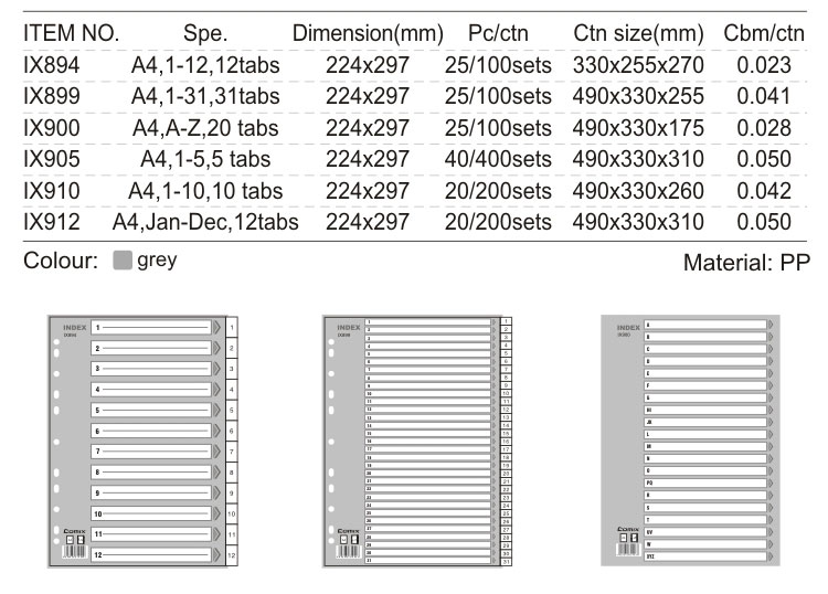 Comix High Quality PP Plastic A4 12 Tabs File Index Divider / Index Cards Tab Dividers