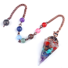 7 Chakra Chip Stone Resin Antique Bronze Hexagonal Cone Pendant & Pendulum 7 Chakra Chain