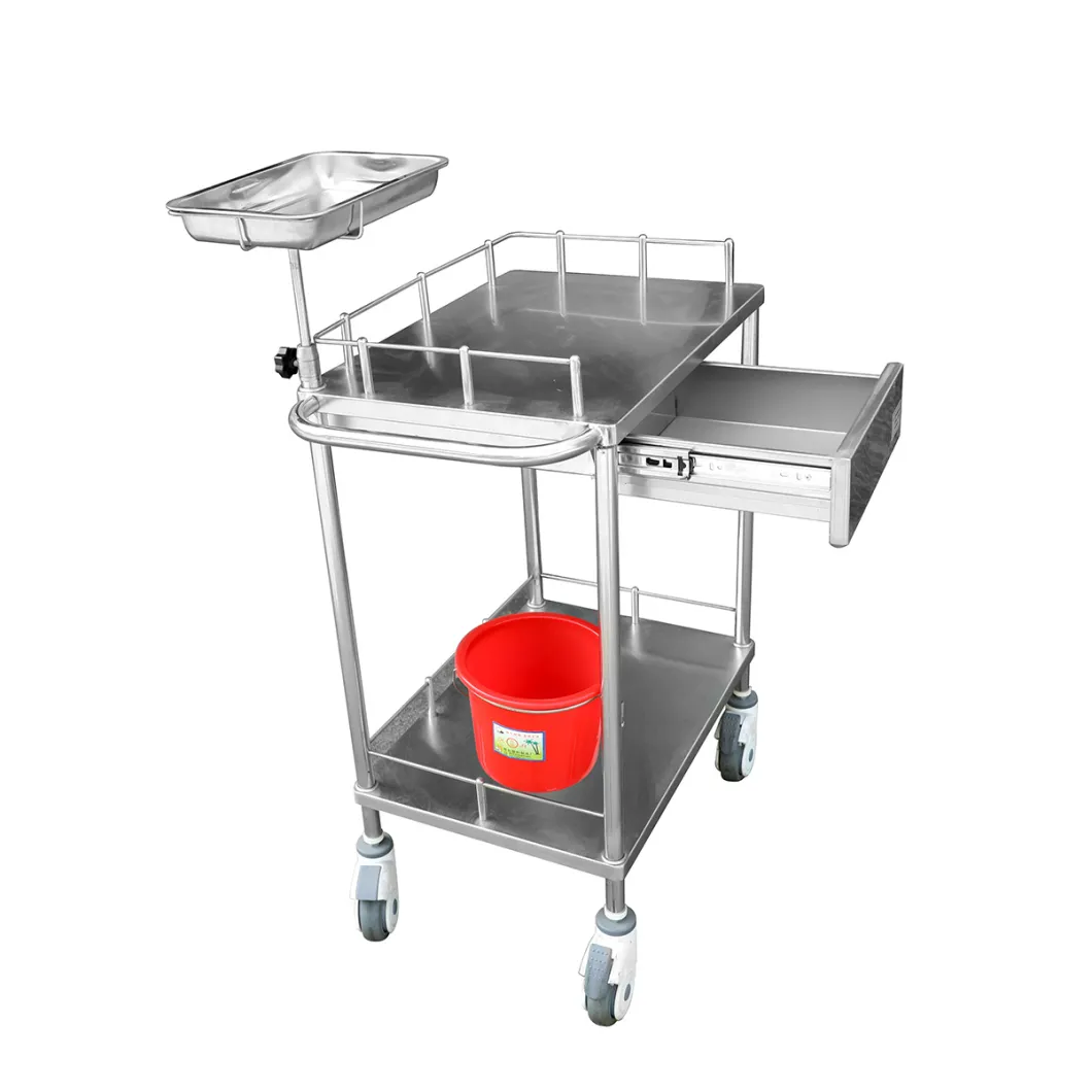 Two-Layer, One Drawer Stainless Steel Hospital Trolley with Wheels