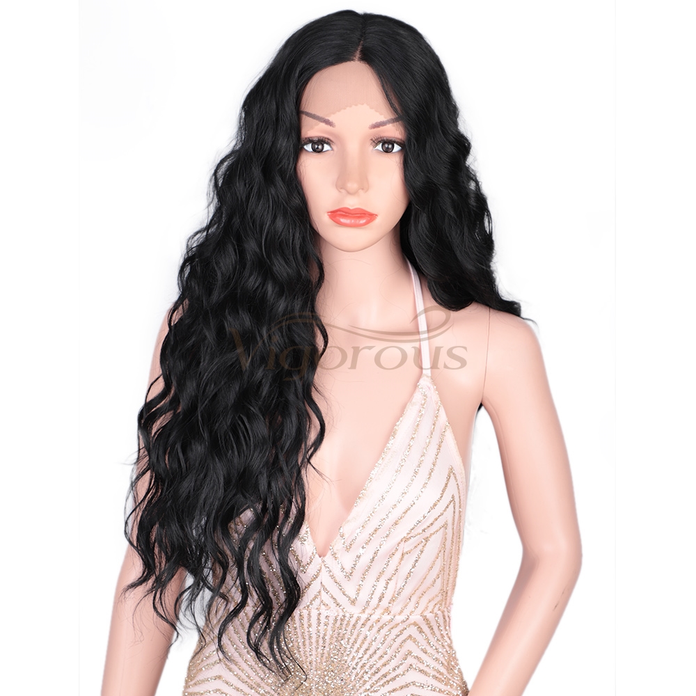 Vigorous Lace Front Wigs 26" Long Wavy Synthetic Wigs for Black Women 150% Density Deep Wave Middle Part Wigs(Natural Black)