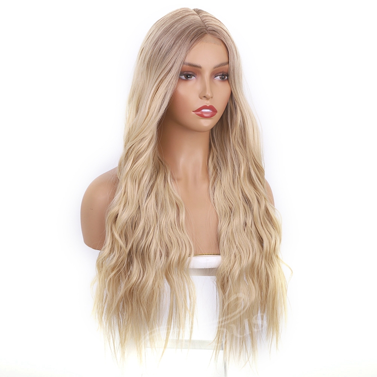 Lace Synthetic Wig Colored Blonde Hair Long Body Wavy Middle Part High Quality Good Premium Hair Cheap Price