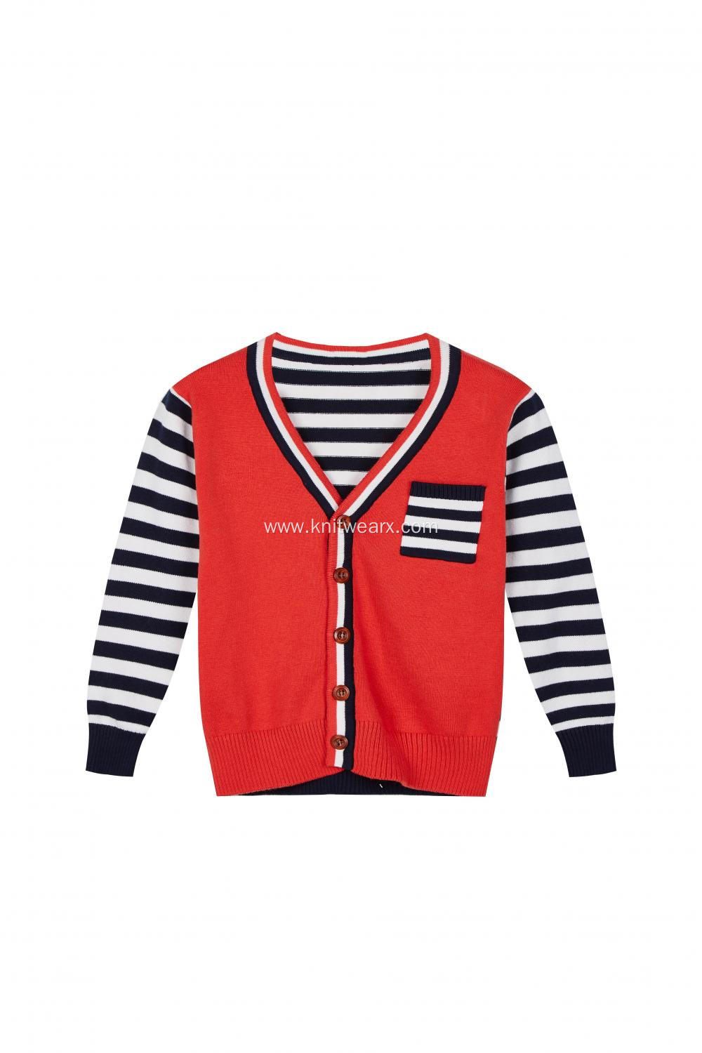 Boy's Knitted Stripe Buttoned Chest Pocket Cardigan