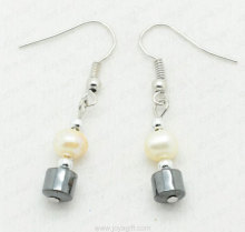 Freshwater pearl hematite drum beads earring