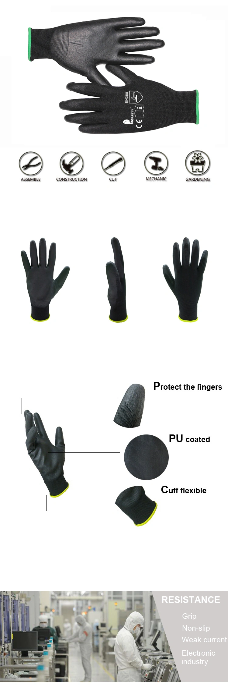 13 Gauge Black Nylon Liner Knit Wrist Black PU Coated Gloves Ce 3141