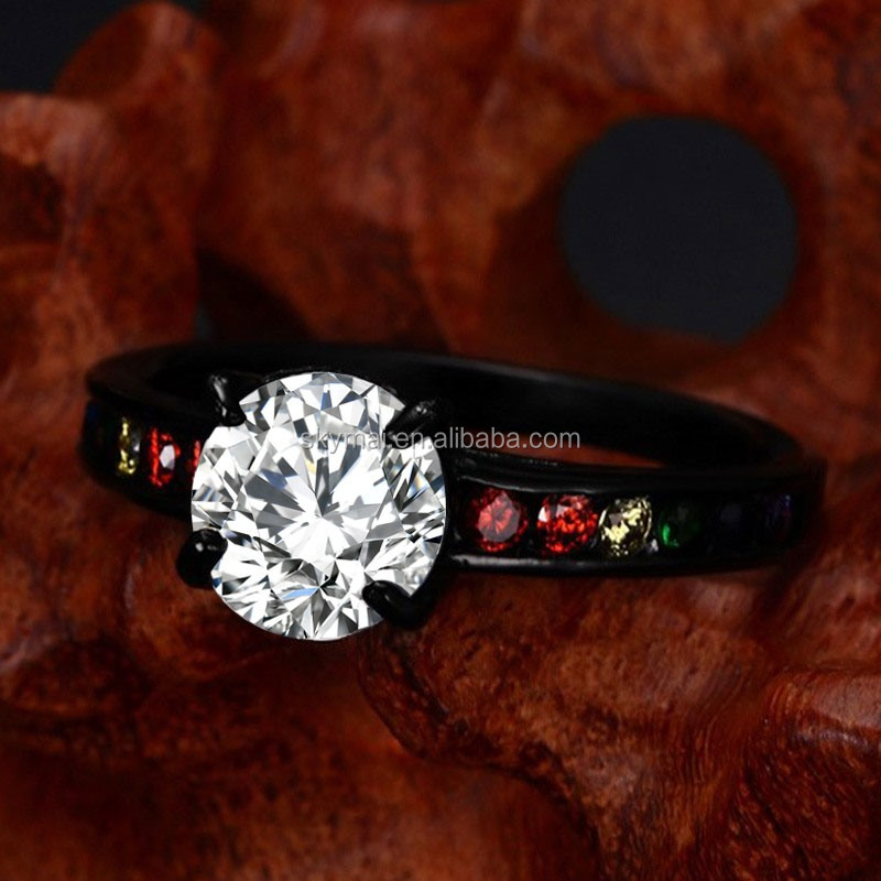 Rainbow Fashion Women Wedding Ring Stainless Steel Clear & Rainbow CZ Ring Marriage or Engagement Band Black Silver Gay ring