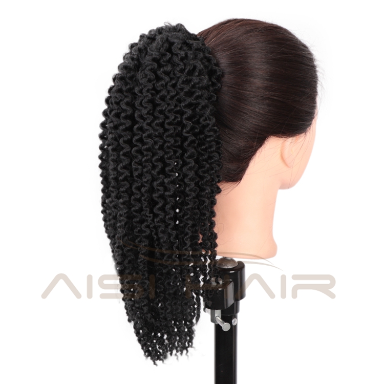 Aisi Hair Afro Kinky Synthetic Fiber Ponytail Hair Extension Pieces Wrap Drawstring Short Black Kinky Curly Synthetic Ponytails