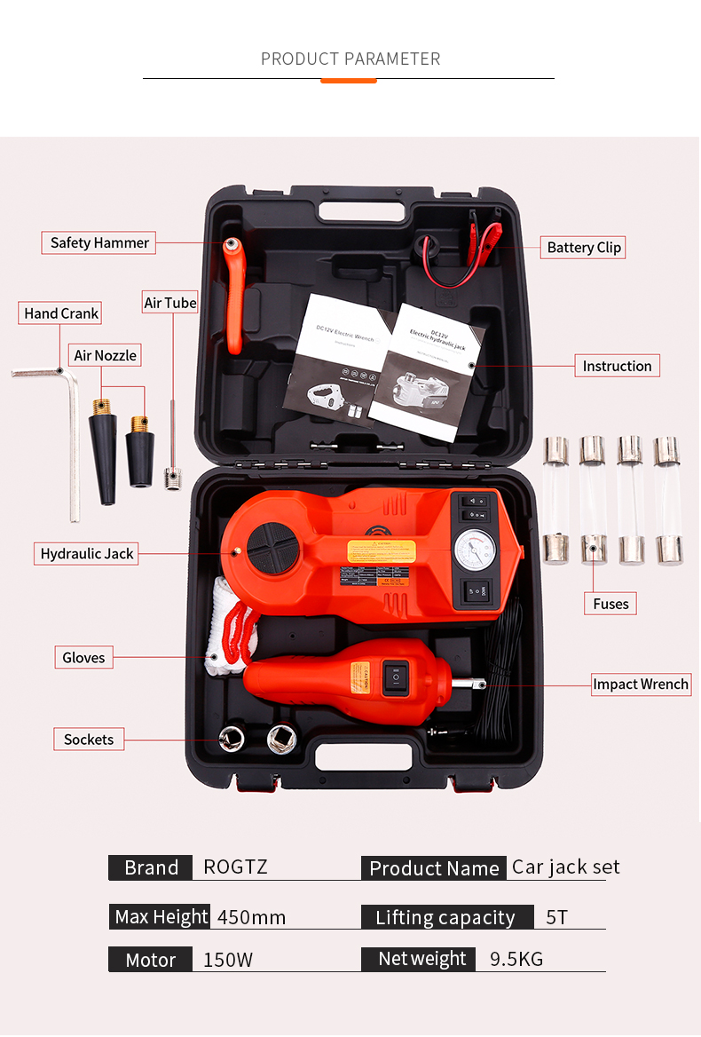 Hot Sale CE ISO Durable Portable 3in1 LED Light 5T Electric Car Hydraulic Jack and DC12V Impact Wrench for Quick Replace Tire