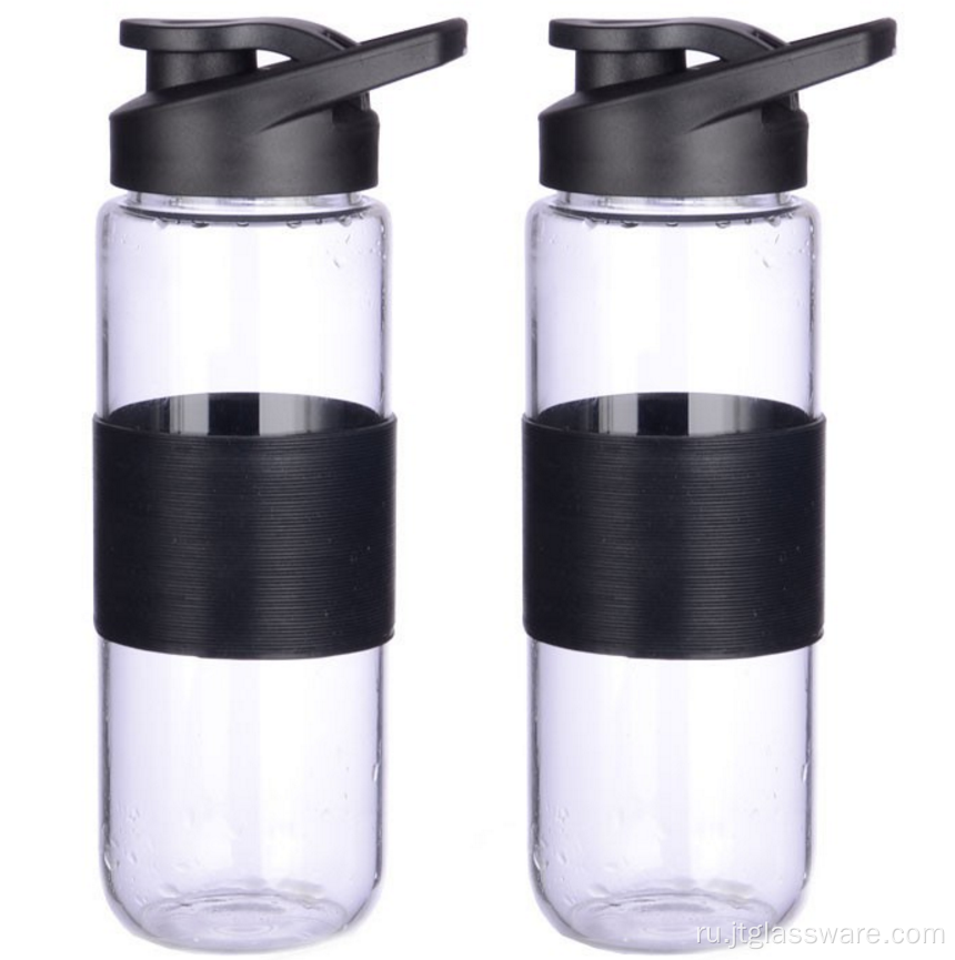 Индивидуальный дизайн стеклянной бутылки для воды с черной крышкой