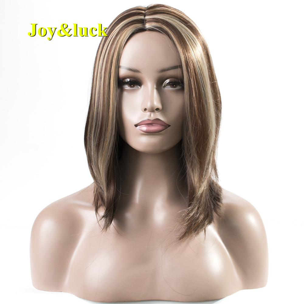 Women's Wig With Adjustable Band Part Piano Wig Brown Highlight Blonde Middle Natural Straight Short Bob Cut Synthetic Hair Wigs