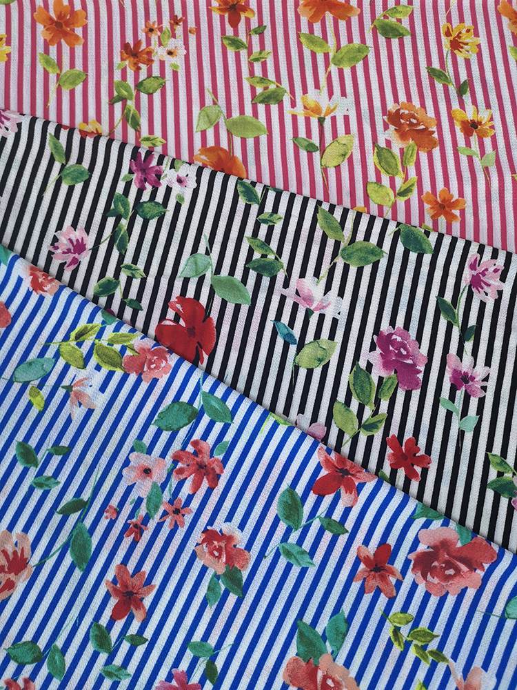 Stripe Flower Polyester Bubble Crepe Printing Fabric