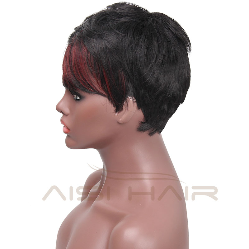 Aisi Hair Most Popular Short Straight Wig Natural Black Wigs with Red Bang Synthetic Pixie Cut Wig for Women