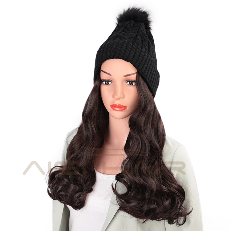 Aisi Hair Dark Brown Synthetic Long Wavy Cosplay Party Knit Slouchy Hat Fiber Hair Extension With Cap For Black White Women