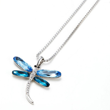 Blue dragonfly pendant necklace with silver chaina
