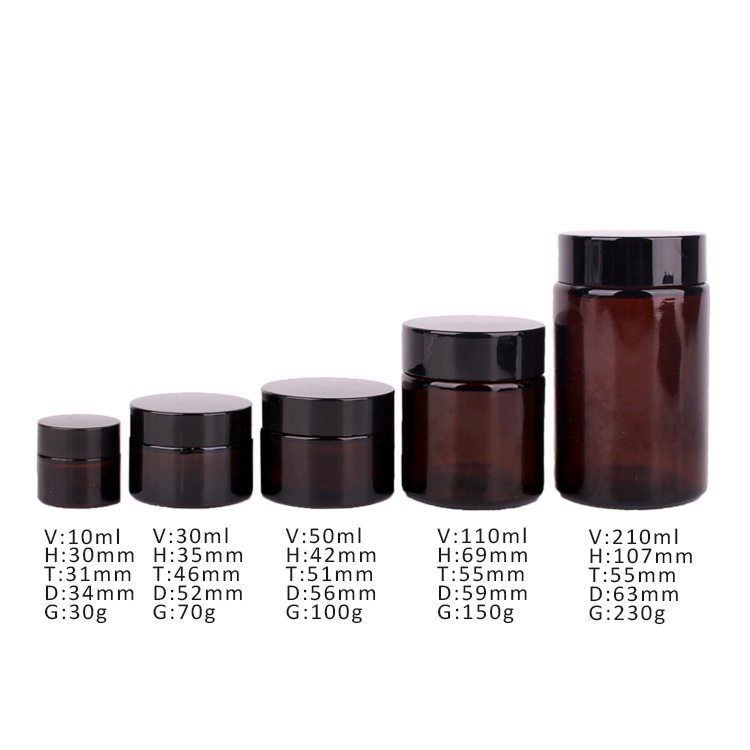 5 set of amber round glass jar cosmetic jar with black lid amber glass cream jar