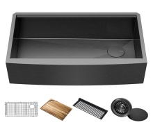 matte black apron front ktchen sink with workstation