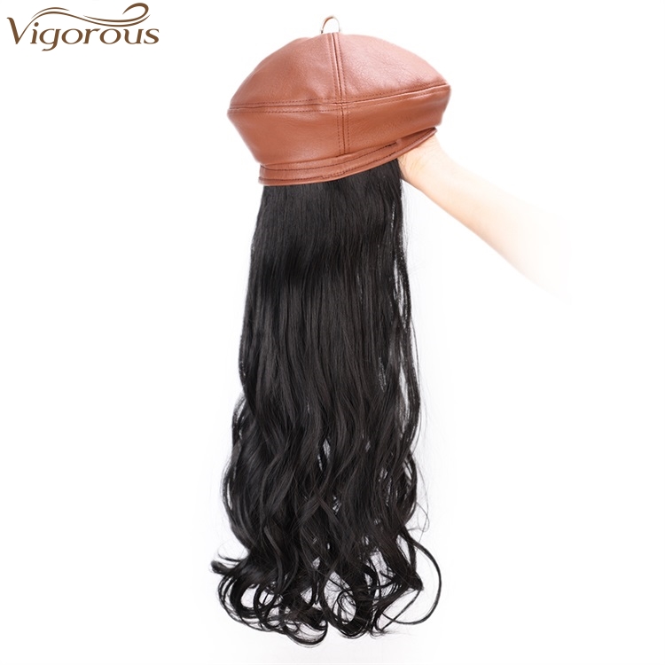 Vigorous Black Wavy Wig With Brown Hat For Women Heat Resistant Synthetic Hair Extensions hat wig