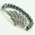 Hematite 8MM perles rondes Stretch Gemstone Bracelet avec Diamante alliage grande aile pièce