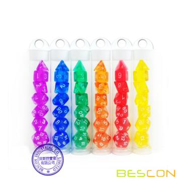 Bescon Mini Translucent Polyhedral RPG Dice Set 10MM, Small RPG Dice Set D4-D20 in Tube Packaging, Assorted Colored of 42pcs